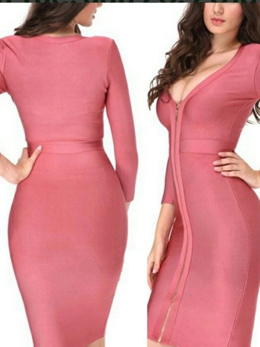 House of CB Deep V Zip-Front Bodycon Dress - Dusty Rose
